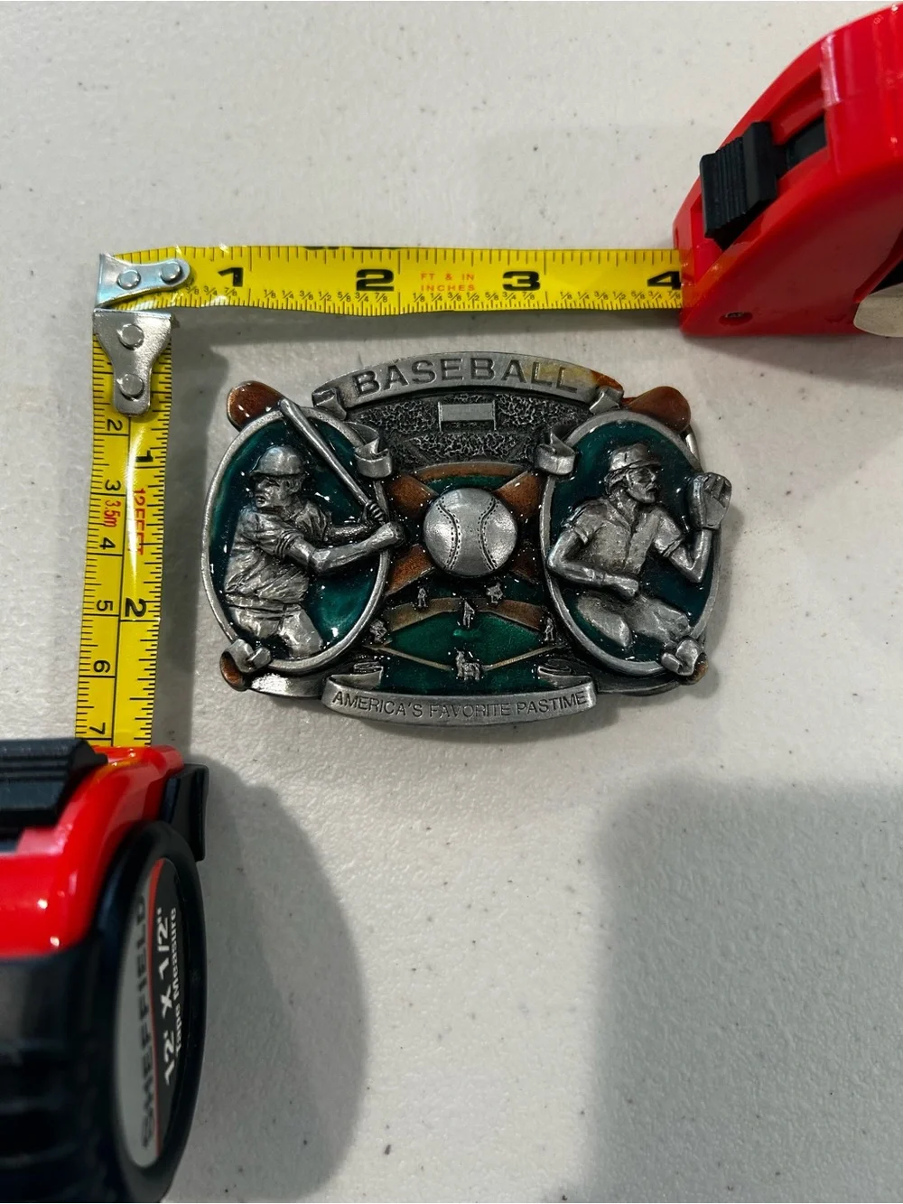 Vintage 1981 Baseball Belt Buckle Pewter Tone America’s Favorite Pastime